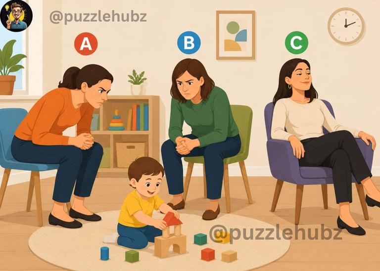 Classic 'Who is the Real Mother' visual riddle showing three women seated in a room with a child pla