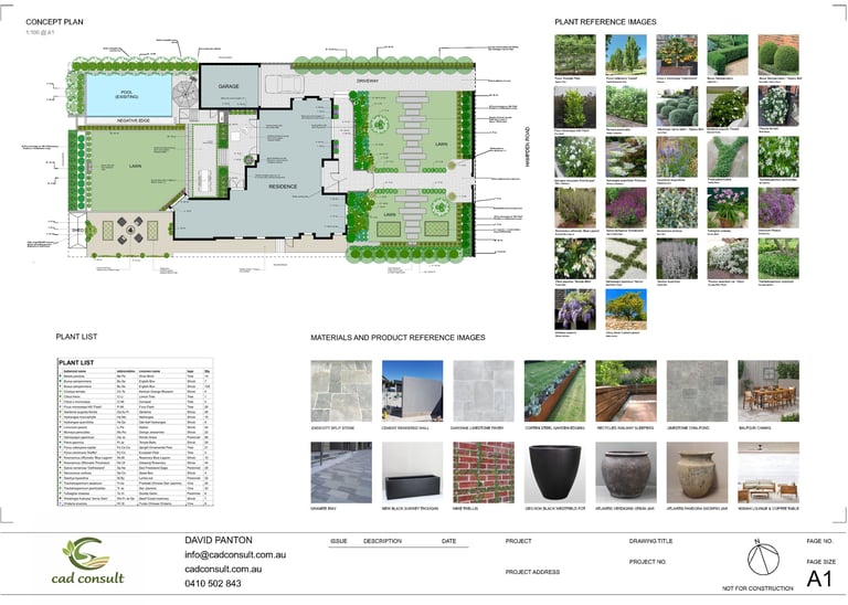 Landscape design featuring a detailed site layout, plant reference images, and material selections.