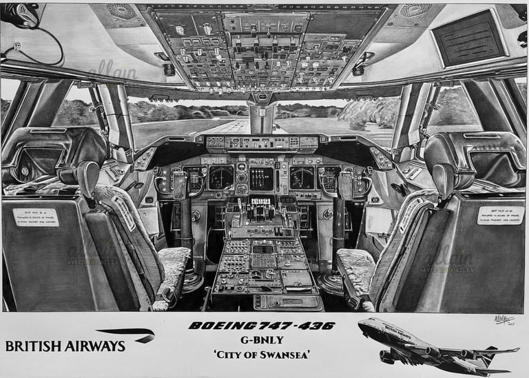 Dessin réaliste en noir et blanc du Cockpit d'un Boeing 747