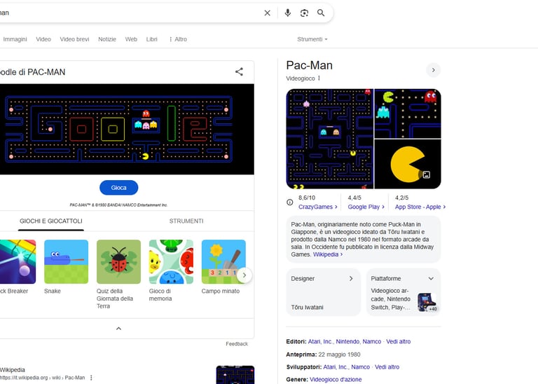 Immagine del gioco Pac-Man giocabile da Google.