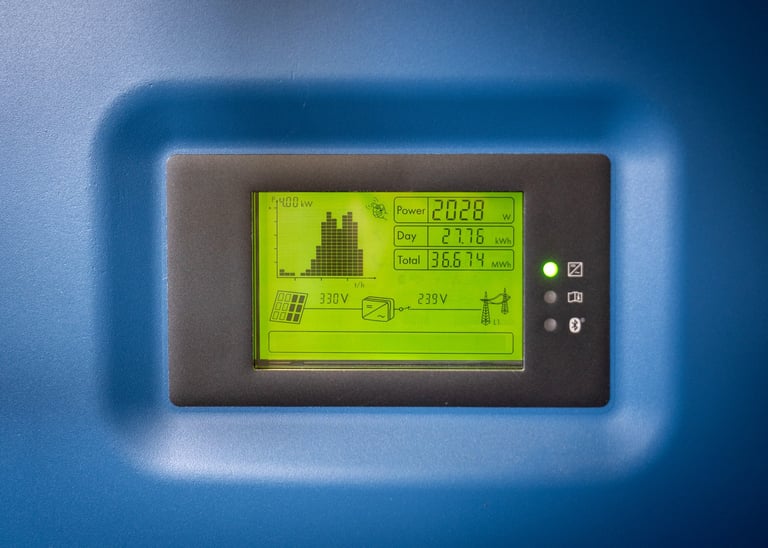 Digital LCD display of a solar power inverter showing energy production and voltage metrics.