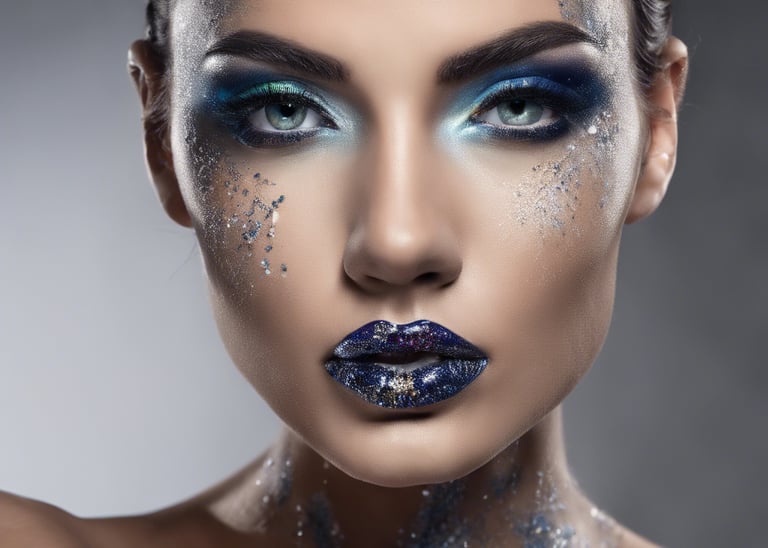 a beautiful woman with blue special makeup and glitter on her face shiny glittering lipstick