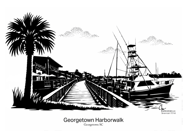 Black and white image of the Georgetown Harborwalk with the Palmetto Tree