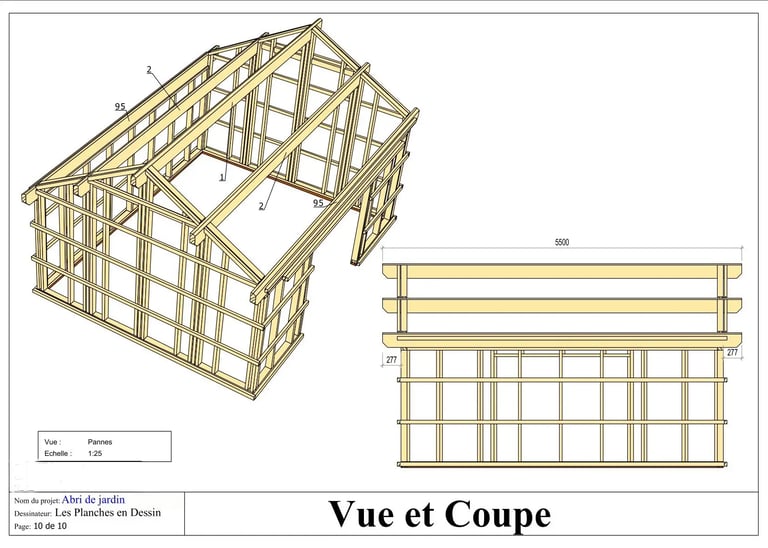 Plan abri de jardin PDF avec vue 3D dimensions et détails de construction