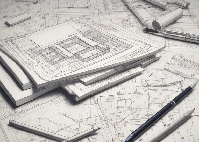 Modern architectural blueprint spread across a wooden table with drafting tools.