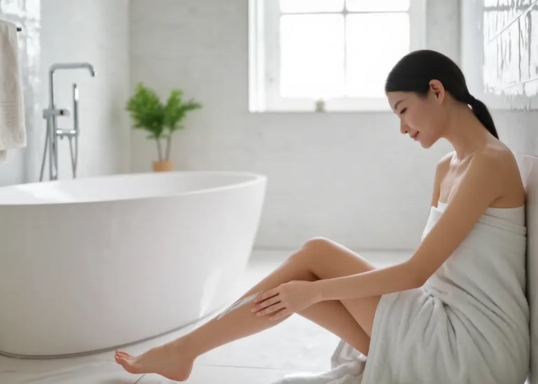 Une femme enveloppée d'une serviette assise dans sa salle de bain qui applique une creme.