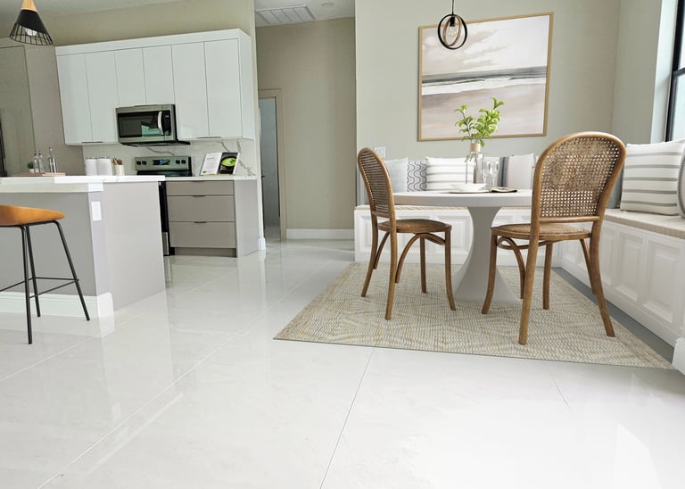 Digitally stage kitchen and breakfast nook with custom seating area