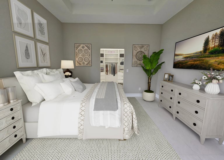 Digitally stage view of master bedroom and walking in closet