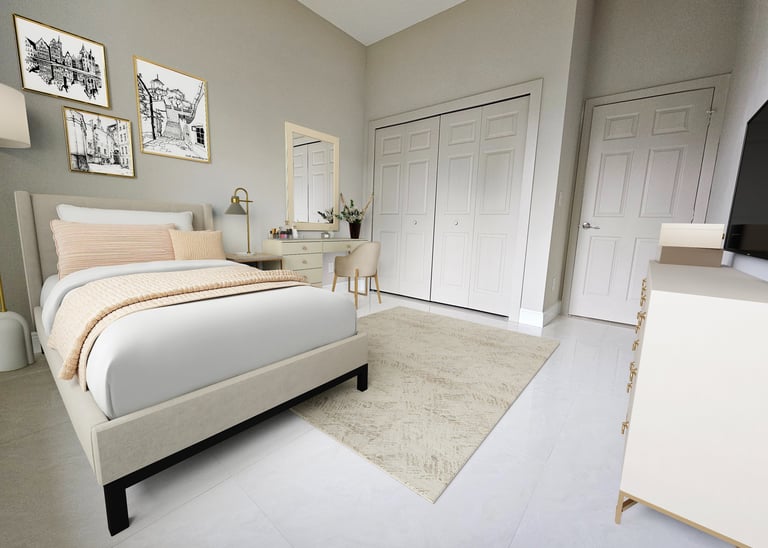 Digitally staged view of bedroom 2, queen size bed and make up vanity with chair