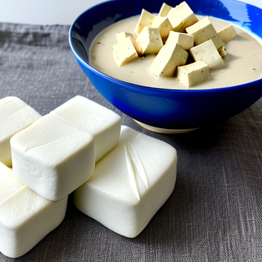 a bowl of soup with cubes of cheese and tofu