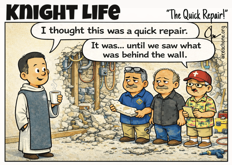 Cartoon of a massive church repair with lots of coffee too!