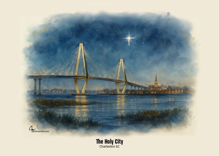 Digital watercolor painting of the Ravenel Bridge at night