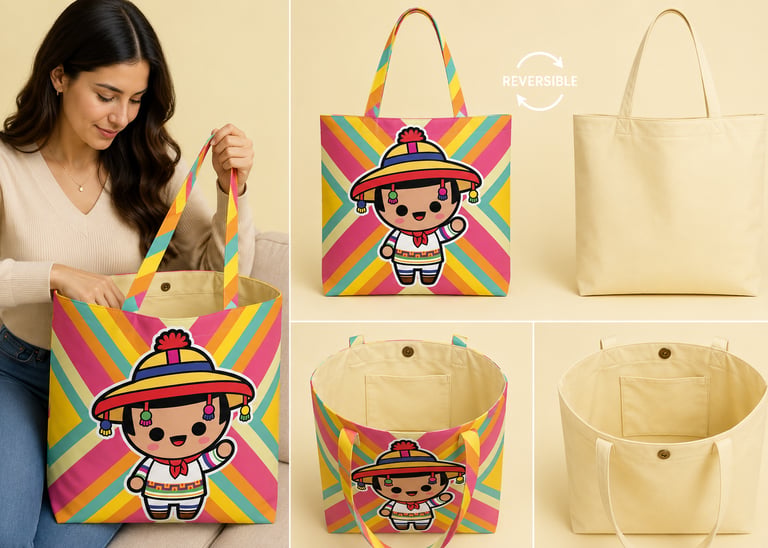 Un bolso tote reversible con un colorido diseño de dibujos animados mexicanos.