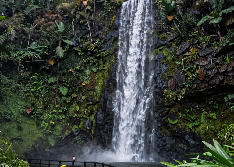 An elegant open-air living space with ocean views and tropical greenery.