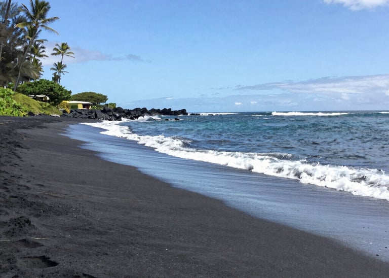 Crystal-clear turquoise waters gently lapping against a sandy beach framed by palm trees.