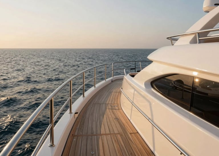 Close-up wide shot of a superyacht main deck at golden hour, teak wood and stainless steel railings in sharp detail, calm sea visible beyond the stern, no crew or guests, natural warm light