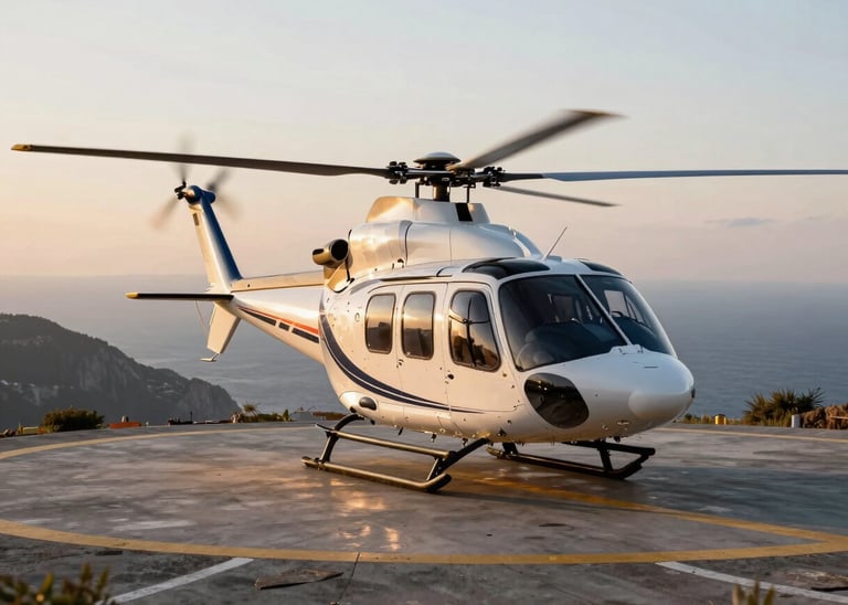 Exterior shot of a luxury helicopter on a clifftop helipad overlooking the Mediterranean, rotors still, late afternoon golden light on the fuselage, dramatic coastal scenery in the background, no people