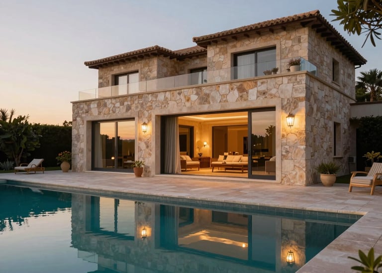 Elegant private villa exterior at dusk, infinity pool reflecting sky in foreground, stone facade with floor-to-ceiling glass doors open, Mediterranean garden, no people, golden light