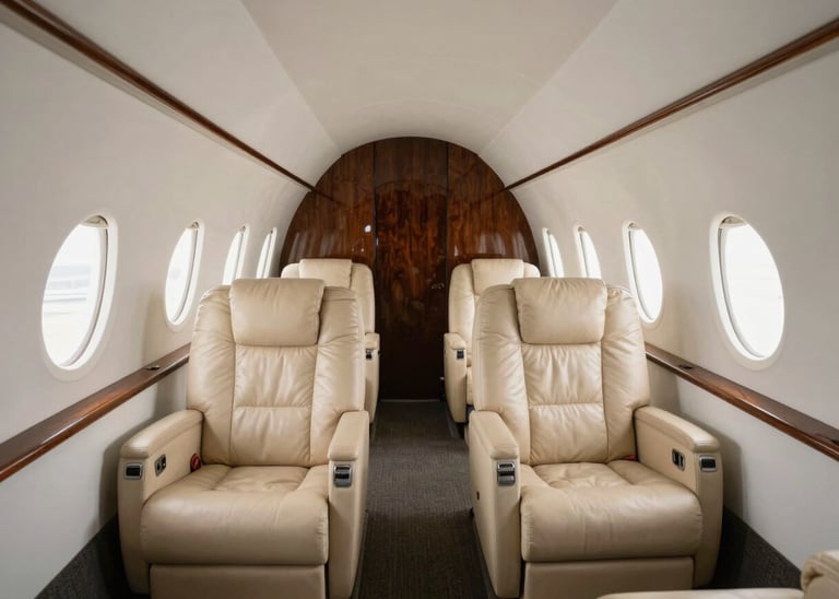 Wide interior shot of a private jet cabin looking toward the cockpit, cream leather seats and polished wood veneer panels, soft natural light flooding through oval windows, no passengers, clean and still