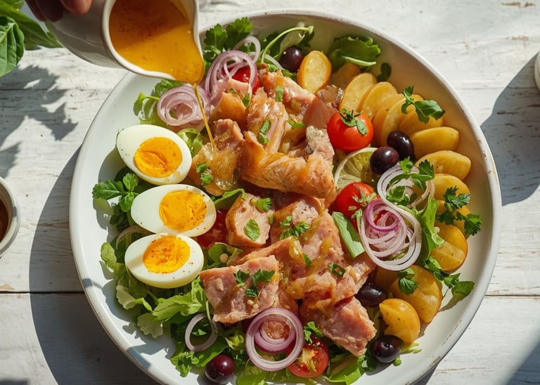 Fresh Niçoise salad with tuna, boiled eggs, potatoes, and olives being drizzled with vinaigrette dressing.