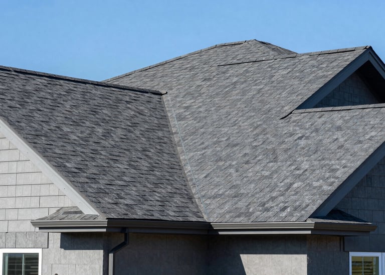 A close-up photograph of a modern North American / US suburban home featuring high-quality charcoal gray asphalt shingles. The lighting is bright and clear, highlighting the clean lines and professional installation of the roof. The brand's steel blue and soft blue tones are reflected in the clear sky and house accents.