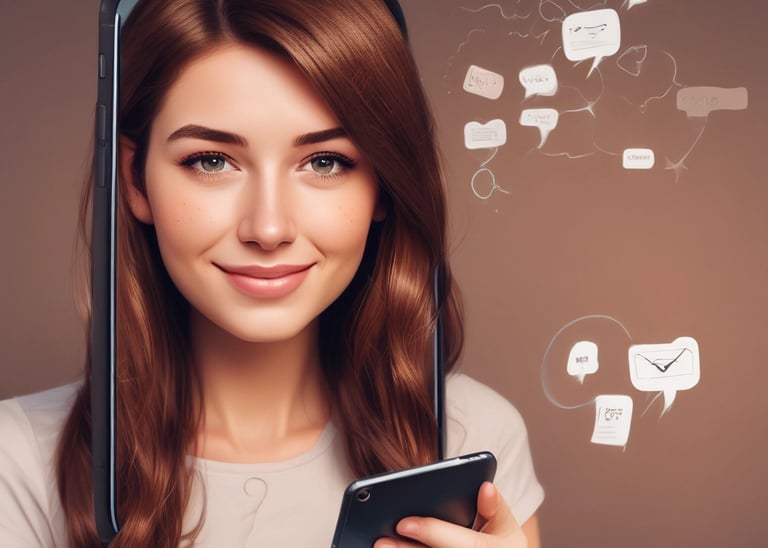 una mujer en paz y armonía mientras tiene cu celular en la mano