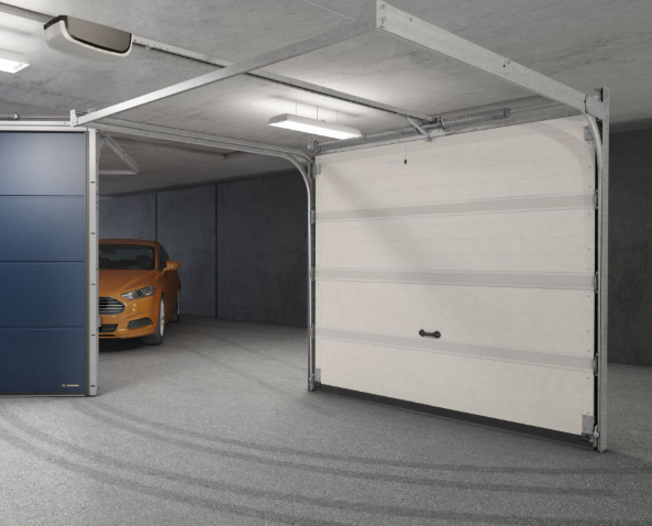 a garage door with a yellow car parked in front of it