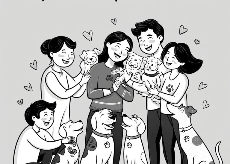 A family happily holding their pets and enjoying time together