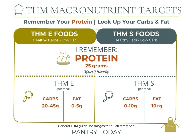Trim Healthy Mama macronutrient chart showing THM E and S food targets for protein, carbs, and fat.