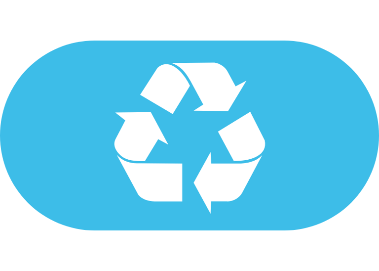a light blue horizontal oval with a white three-arrow recycling symbol in the middle