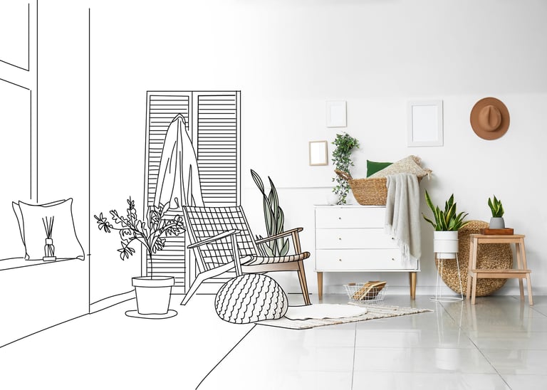 a room with a chair and a chair, before and after the reform