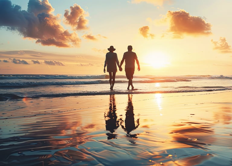a couple holding hands while walking on the beach