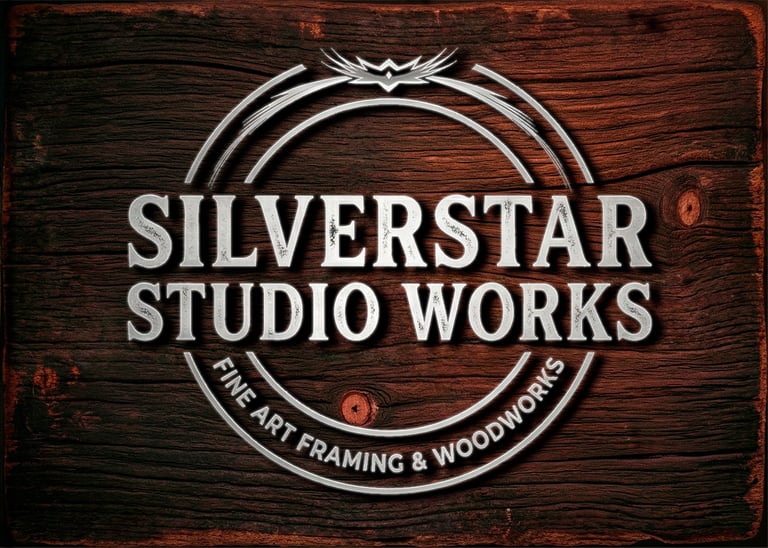 Silverstar Studio Works logo for fine art framing and woodworks on a dark rustic wood background.