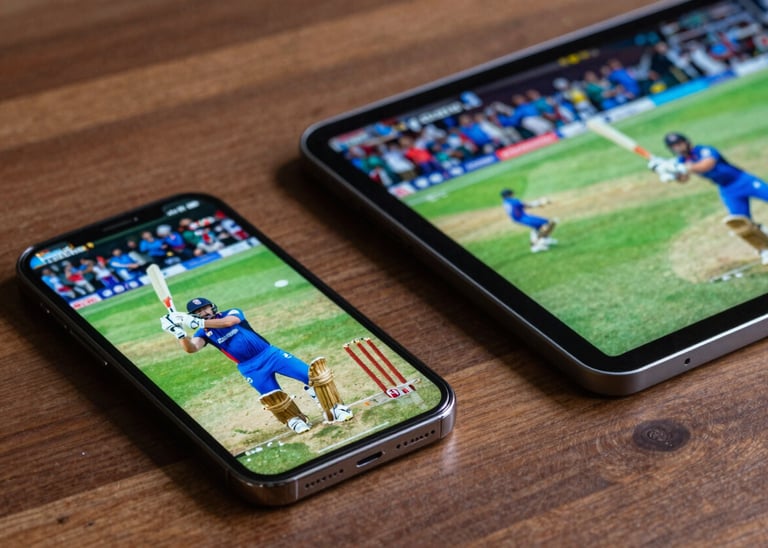 Close-up photography of a modern smartphone and tablet placed on a wooden table in a Global / Indian-influenced setting. The screens show a high-energy live cricket match with vibrant colors, emphasizing clarity and portable technology.
