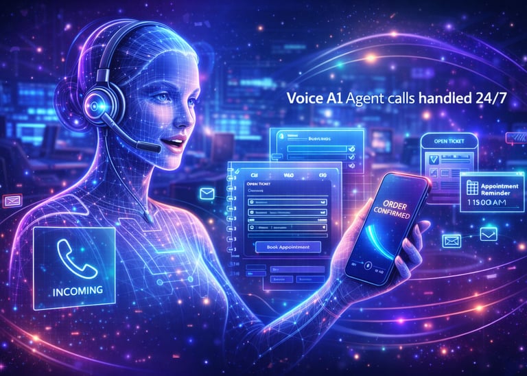 a woman with a headset and a phone -calls handled 24/7