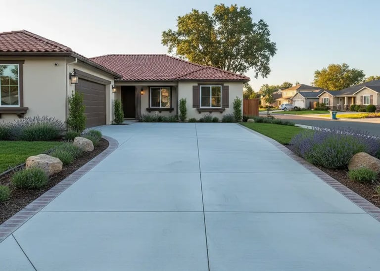 Broom-finished concrete driveway at a residential home in Davis, California.