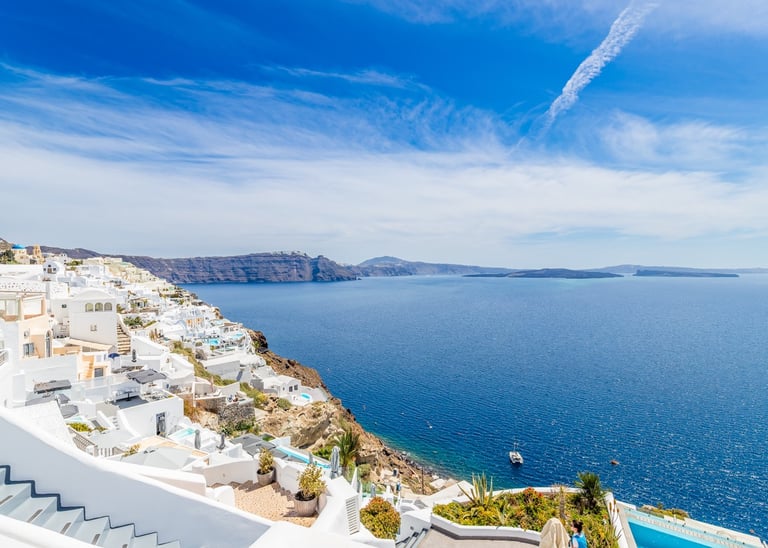 Santorin a view of a view of a sea and a view of the ocean