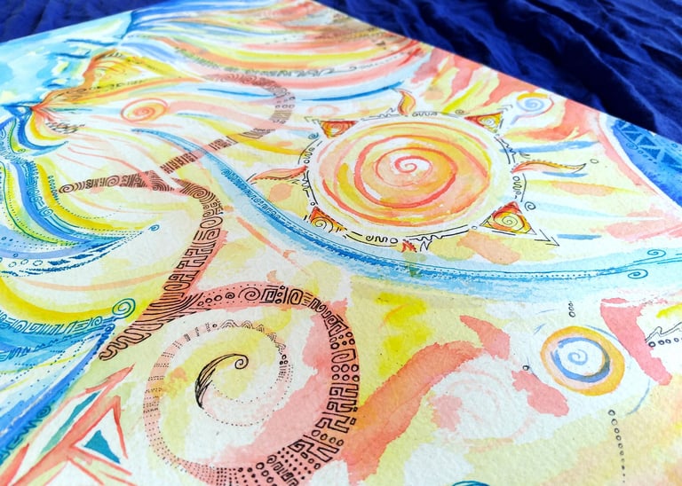 Paysage marin agité à l'aquarelle et psychédélies sur des tons orangés et bleus