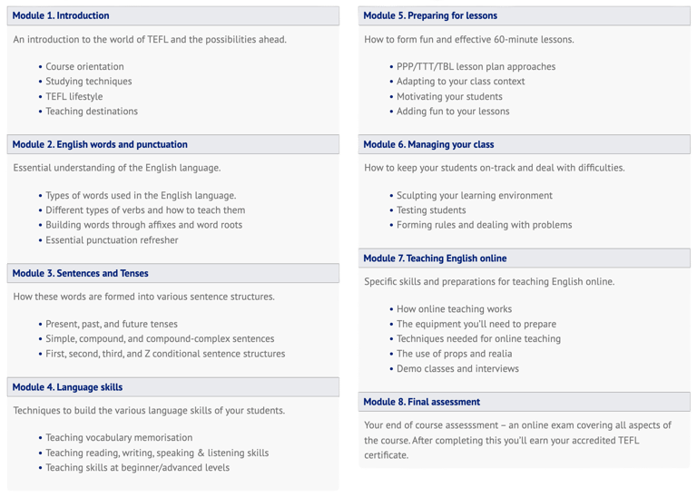 10 module headings and their content, for a TEFL course.
