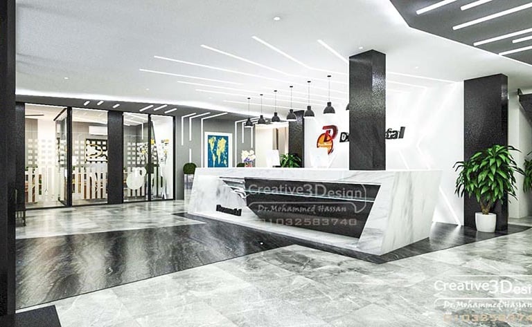 تصميم مودرن فخم ومبتكر لكاونتر استقبال شركة منتجات بناء