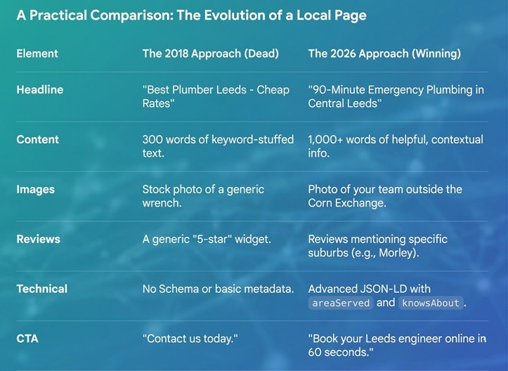 Comparison table showing local SEO evolution from 2018 to 2026.