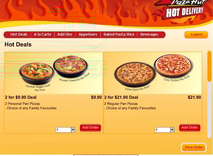 Online ordering page displaying Hot Deals and special menu promotions