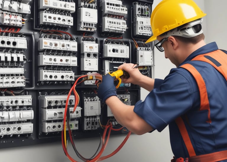 An electrical panel with several circuit breakers and transformers installed inside an industrial cabinet. The panel has a red backing and is surrounded by metal framing. Various wires and components are visible, indicating a complex setup.