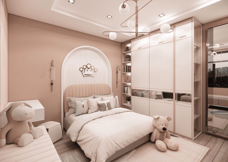 Girl's bedroom interior design with cot, stylish bed back panel, wardrobe and bookshelf by CASA DESIGNERS
