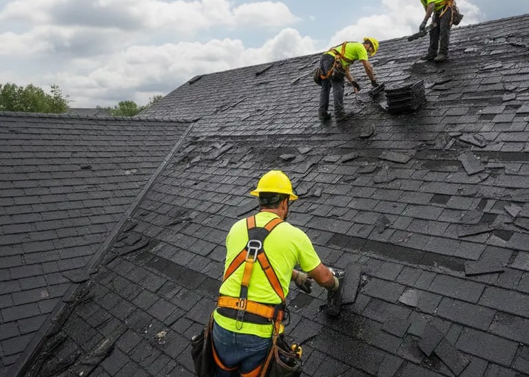A roof damaged by hail being repaired by professionals