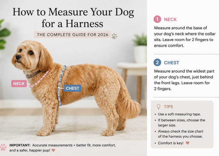 2026 small dog harness size guide showing how to measure neck and chest for the perfect comfortable fit”