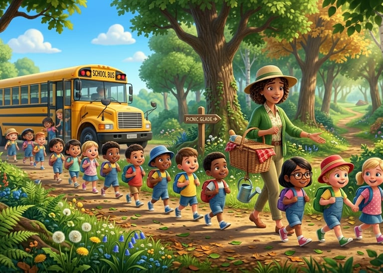 Happy school children with a teacher getting off a yellow school bus for a field trip in a sunny forest.