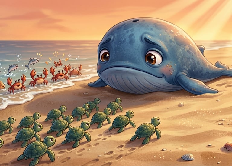 Cute blue whale on a sandy beach watching baby sea turtles hatch and crawl toward the ocean at sunset.