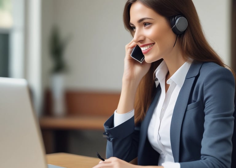 A friendly professional at a desk with a laptop and headset, ready to assist with security and training inquiries.