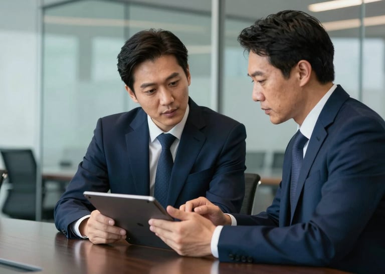 A high-end professional consultation taking place in a glass-walled conference room. Two professionals in sharp attire are reviewing digital strategy on a tablet. The palette is dominated by professional navy blue and deep midnight blue tones.